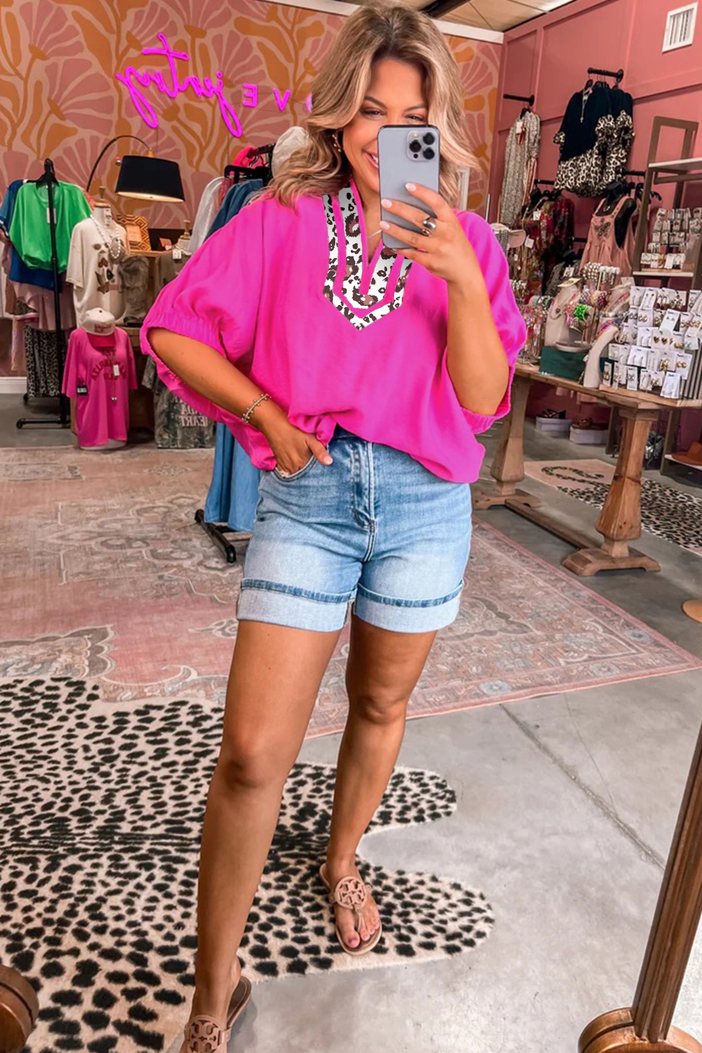 Rose Leopard Trim V Neck Dolman Sleeve Blouse Loose Fit Top