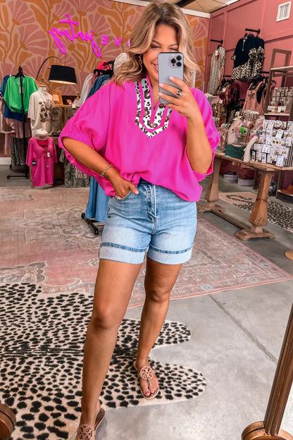 Rose Leopard Trim V Neck Dolman Sleeve Blouse Loose Fit Top