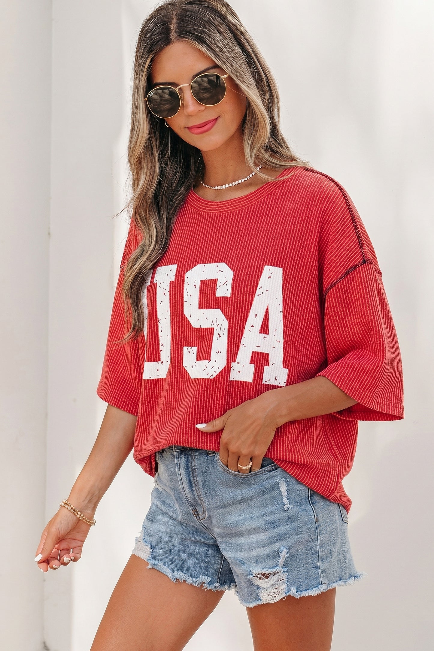 USA Ribbed Graphic Tee Loose Fit Flag Day July 4th
