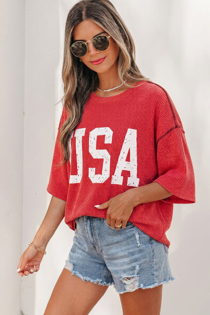 USA Ribbed Graphic Tee Loose Fit Flag Day July 4th