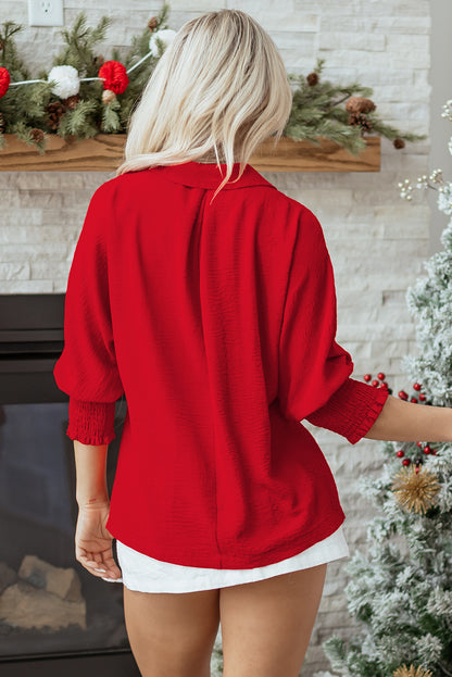 Red V Neck Collared Blouse Loose Fit Smocked Sleeve