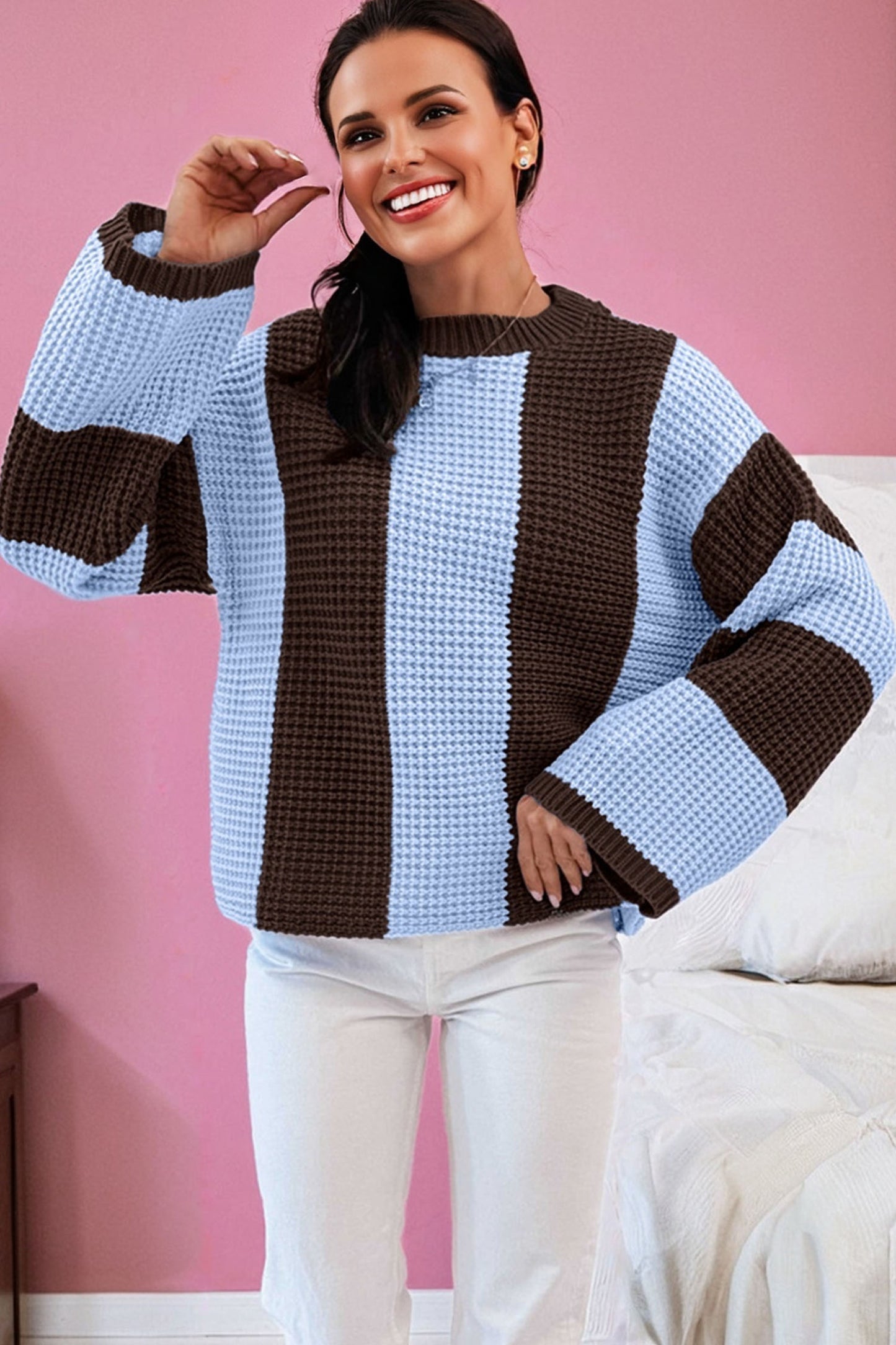 Women's Color Block Striped Knit Sweater Drop Shoulder