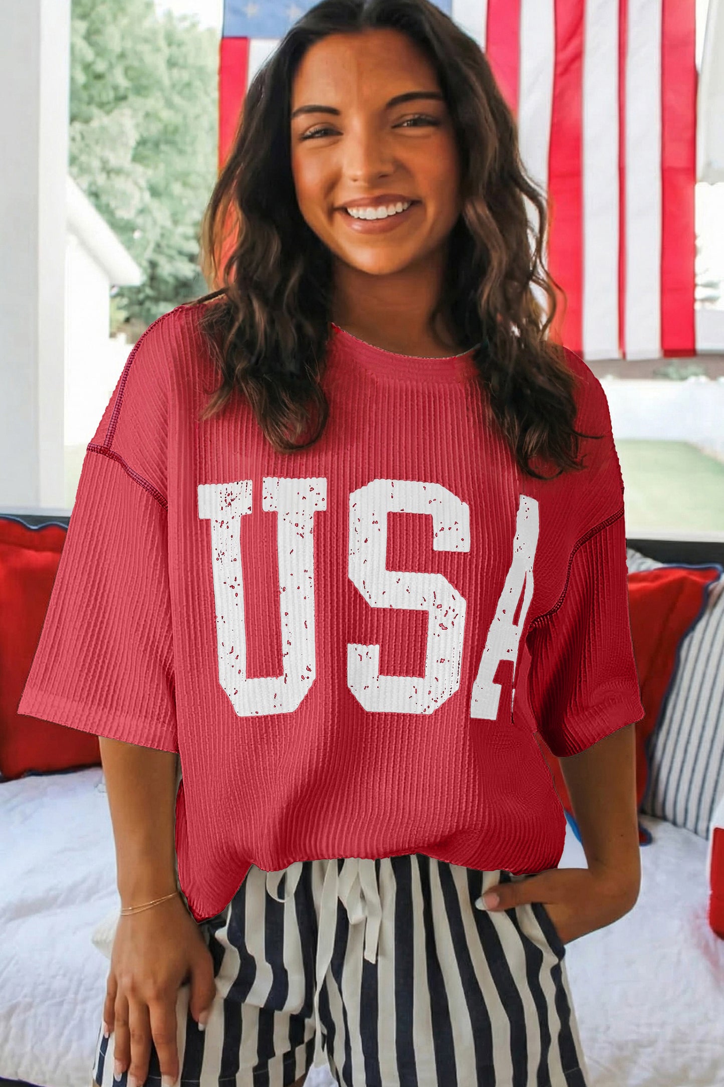 USA Ribbed Graphic Tee Loose Fit Patriotic Top