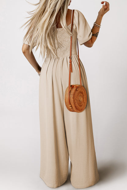 Smocked Wide Leg Jumpsuit Square Neck Boho Romper