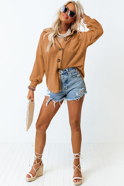 Waffle Knit Button-Up Oversized Casual Shirt
