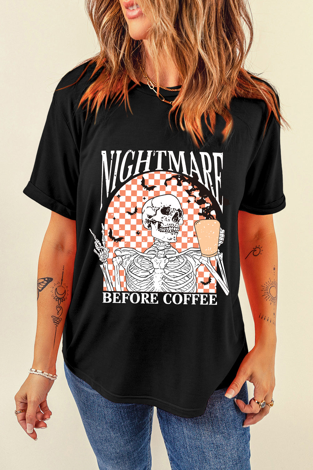 Black Nightmare Coffee Skeleton Halloween Graphic T Shirt