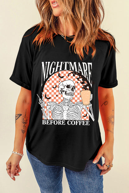 Black Nightmare Coffee Skeleton Halloween Graphic T Shirt