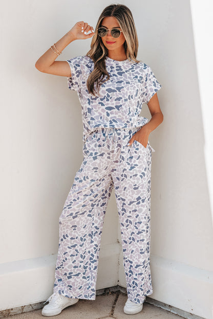Women Camo Print Two Piece Set Casual Tee Drawstring Pants