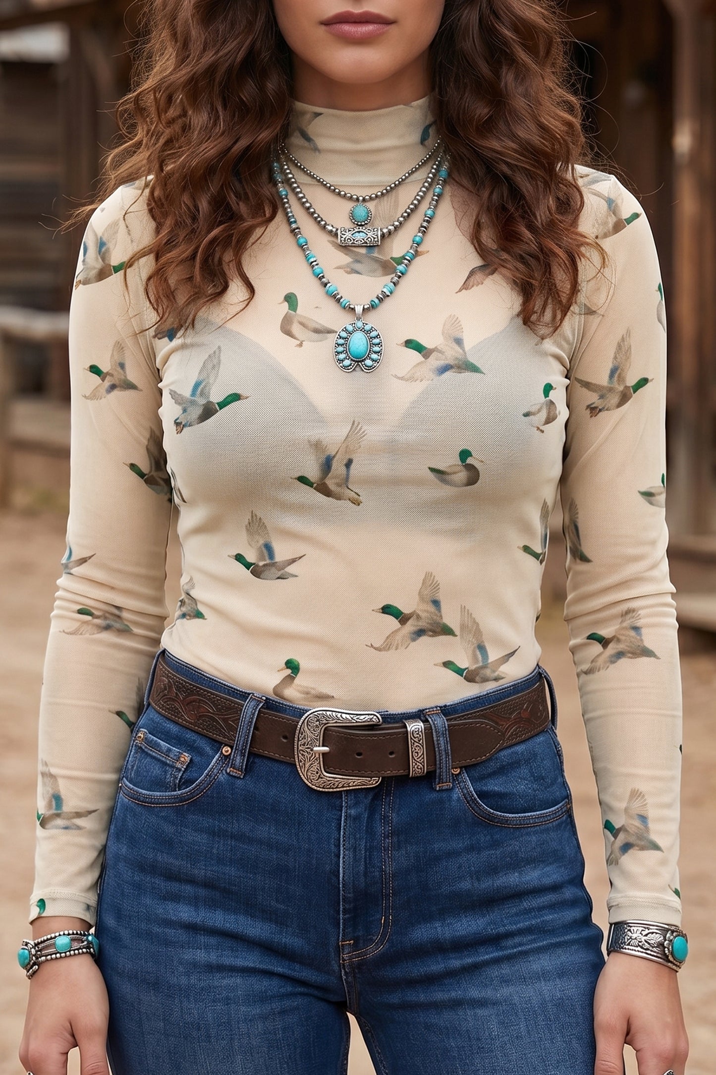 Western Duck Print Mesh Mock Neck Top for Women