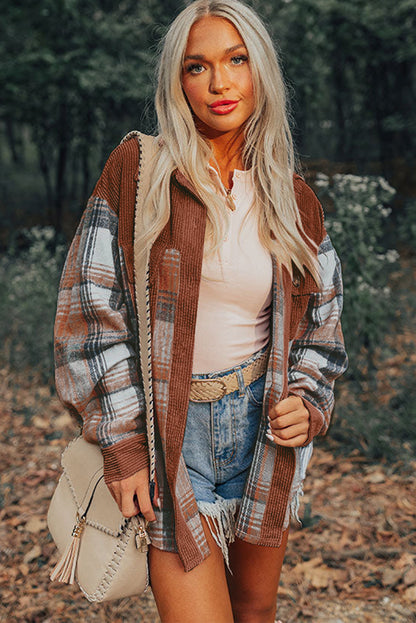 Light Pink Plaid Corduroy Patchwork Pocket Shacket