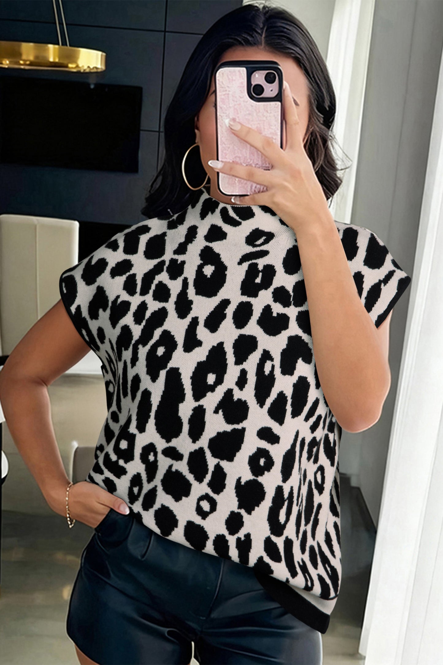 Leopard Print High Neck Short Sleeve Knit Top
