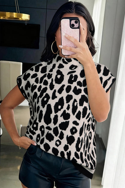 Leopard Print High Neck Short Sleeve Knit Top