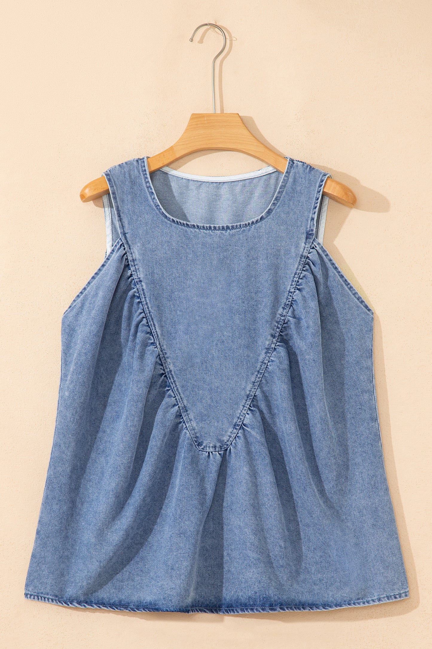 Washed Denim Ruffle Panel Babydoll Sleeveless Top