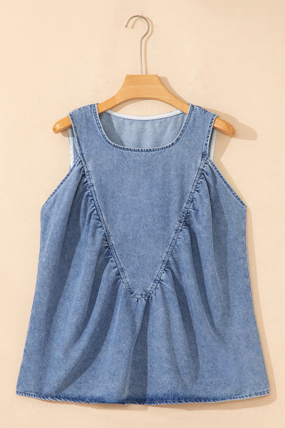 Washed Denim Ruffle Panel Babydoll Sleeveless Top
