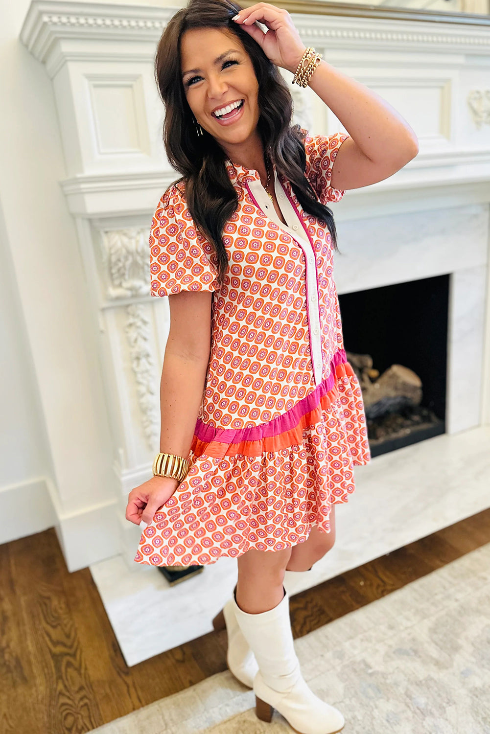 Orange Geometric Print Button Front Ruffle Hem Mini Dress