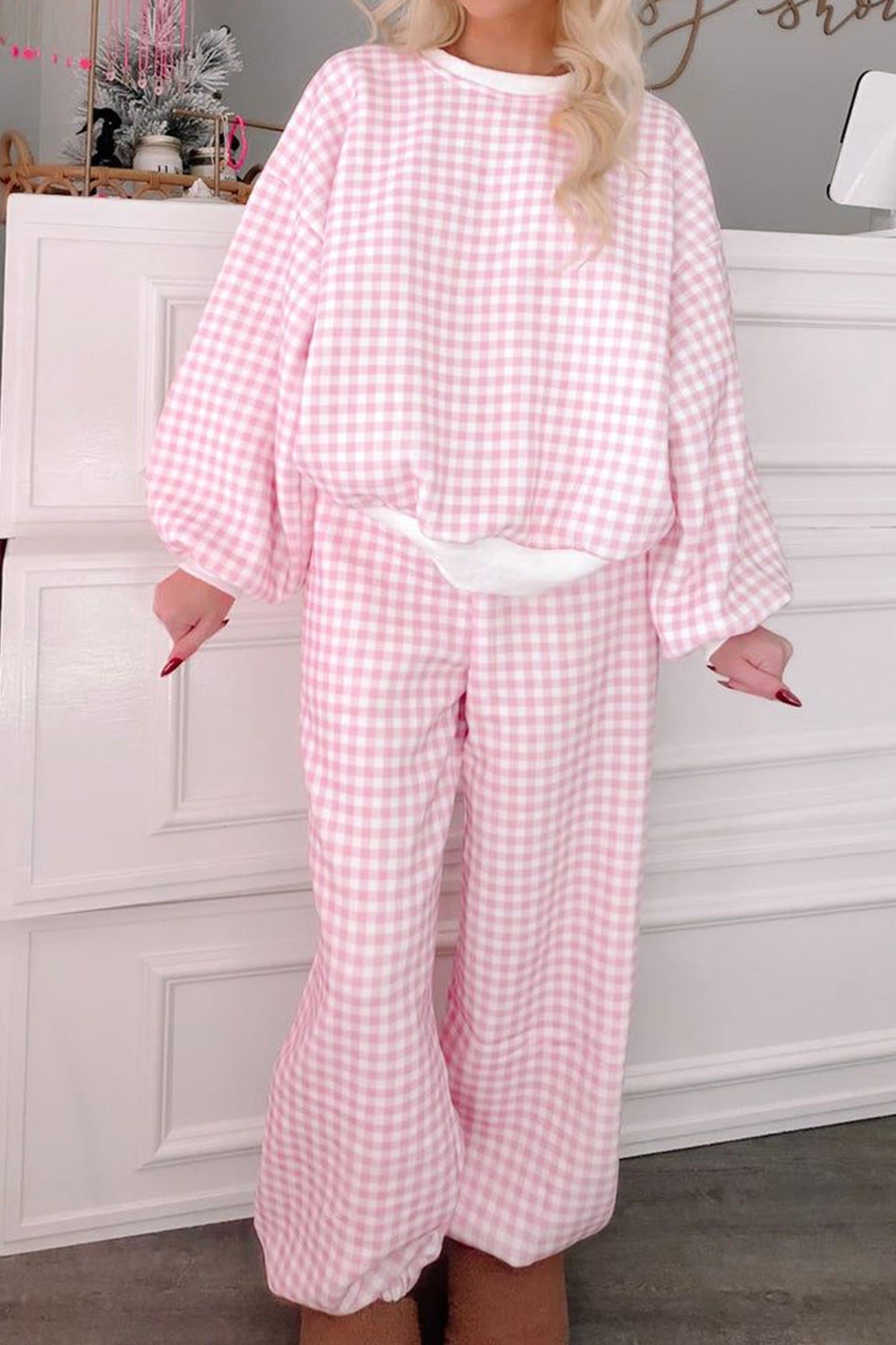 Plaid Polyester Pant Set Casual Wide Leg