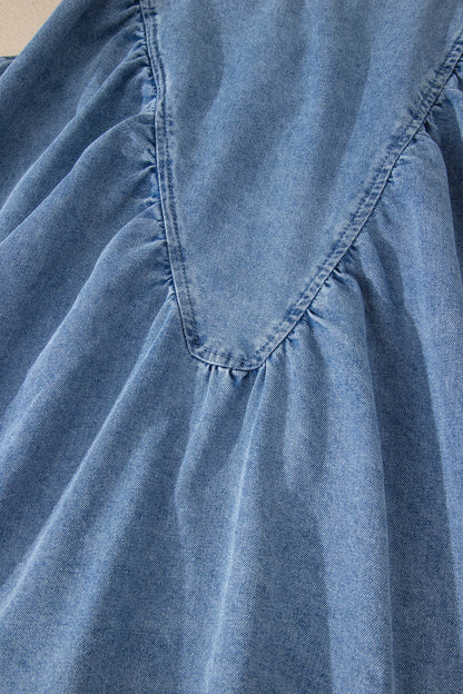 Washed Denim Ruffle Panel Babydoll Sleeveless Top