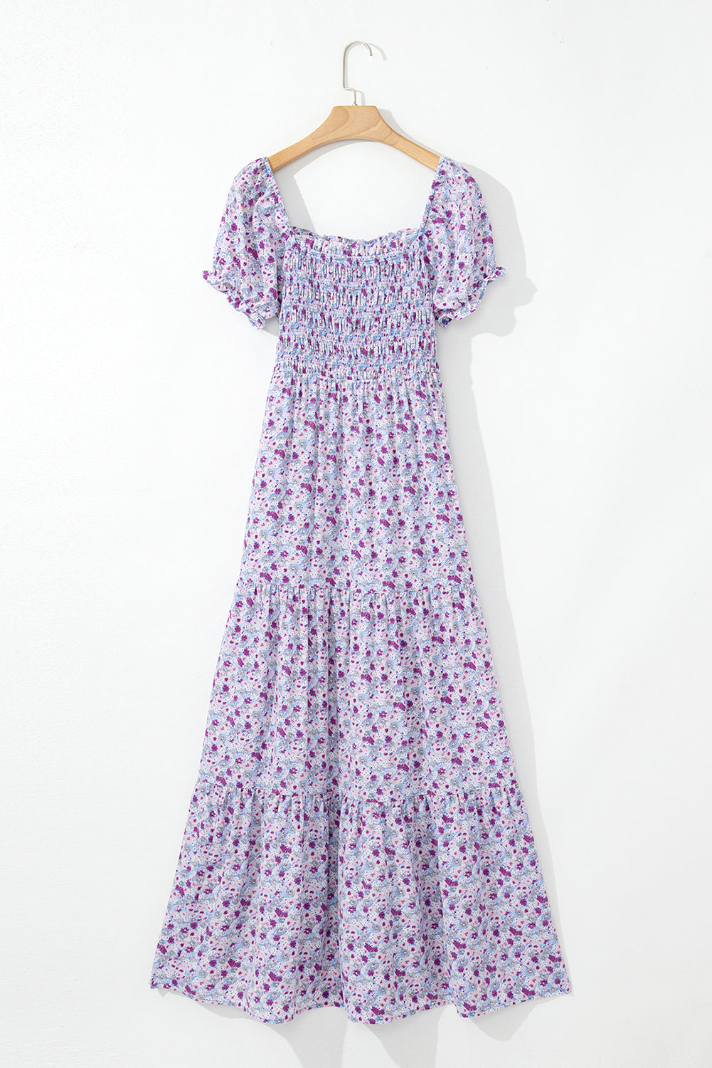 Purple Floral Off Shoulder Smocked Maxi Dress