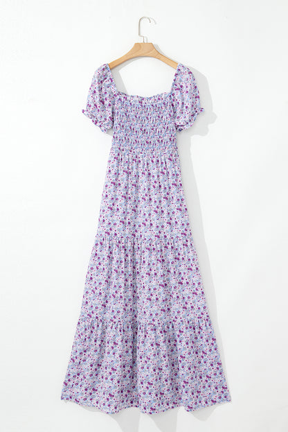 Purple Floral Off Shoulder Smocked Maxi Dress
