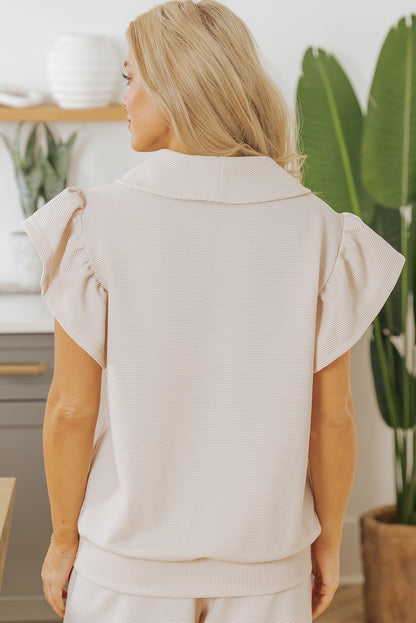 Textured Ruffle Sleeve Solid Color Two-Piece Set