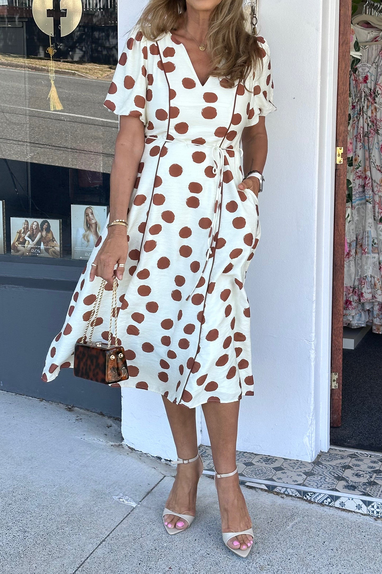 Polka Dot V Neck Tie Waist Short Sleeve Midi Dress