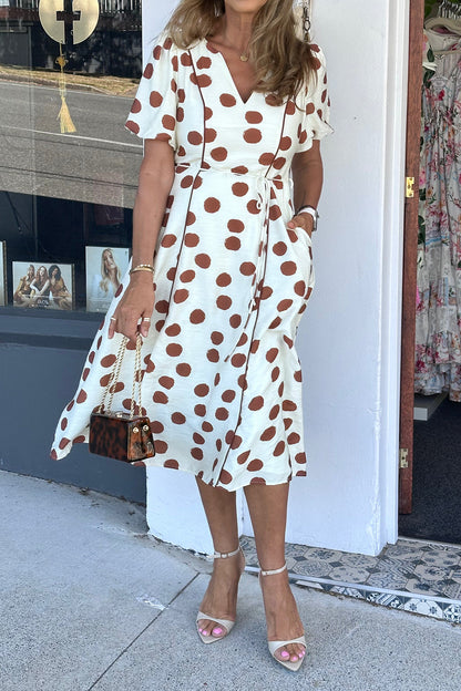 Polka Dot V Neck Tie Waist Short Sleeve Midi Dress