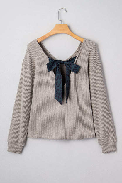 Bow Back Ribbed Knit V Neck Long Sleeve Top