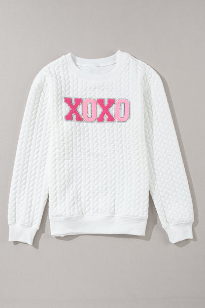 White LUCKY Chenille Embroidered Cable Knit Pullover Sweatshirt