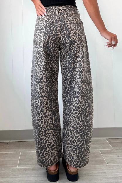 Black Leopard Print High Waist Barrel Leg Jeans