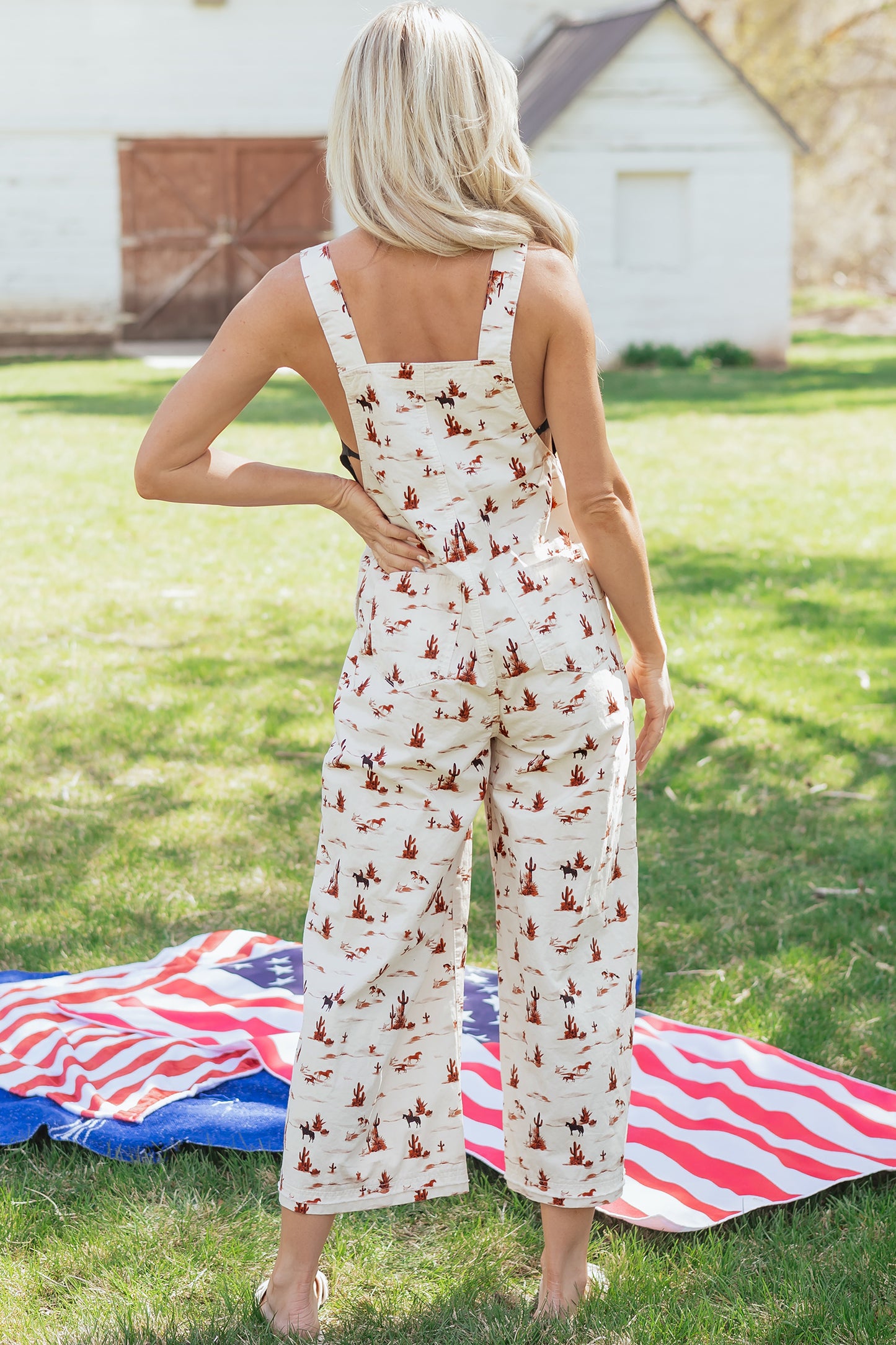 Beige Western Print Adjustable Strap Loose Cotton Jumpsuit