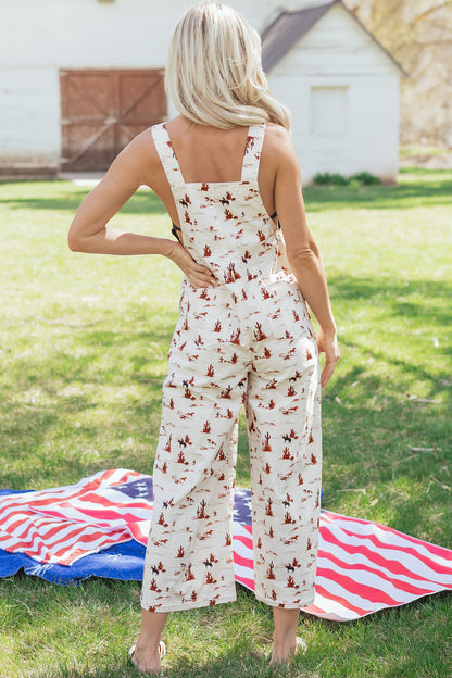 Beige Western Print Adjustable Strap Loose Cotton Jumpsuit