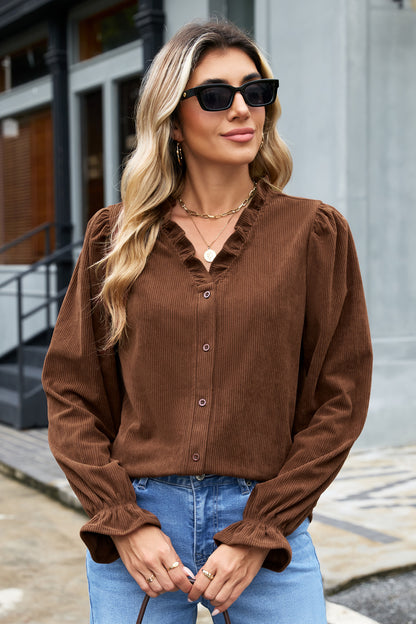 Coffee Corduroy Ruffle V Neck Button Shacket