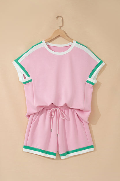 Mist Blue Contrast Trim Lounge Set Tee and Shorts