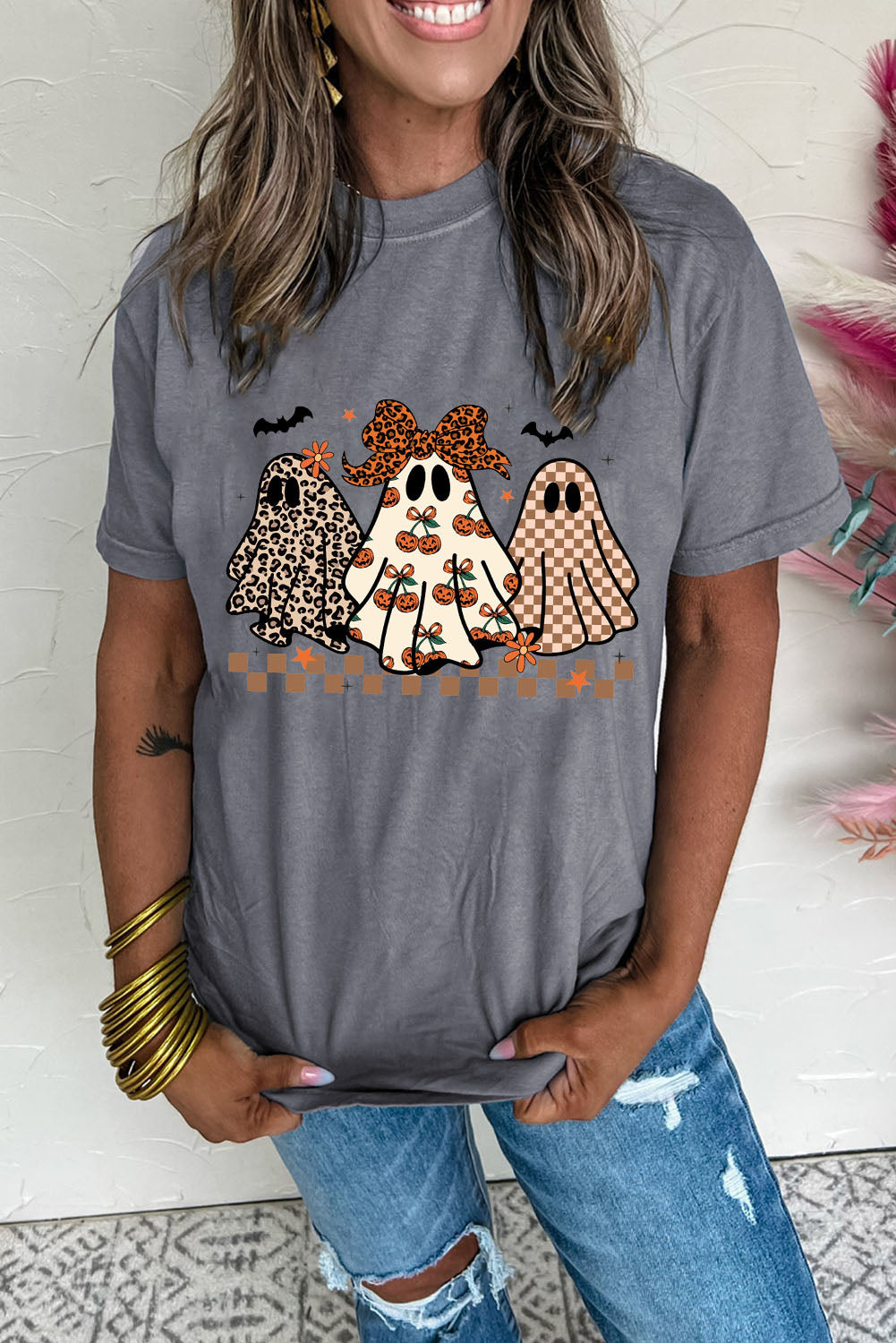 Halloween Ghost Trio Graphic Crew Neck Tee
