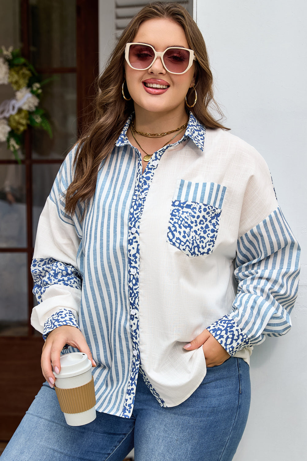 Sky Blue Striped Leopard Patchwork Cotton Plus Shirt