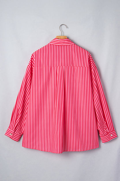 Red Stripe Tie Front Button Up Long Sleeve Casual Shirt
