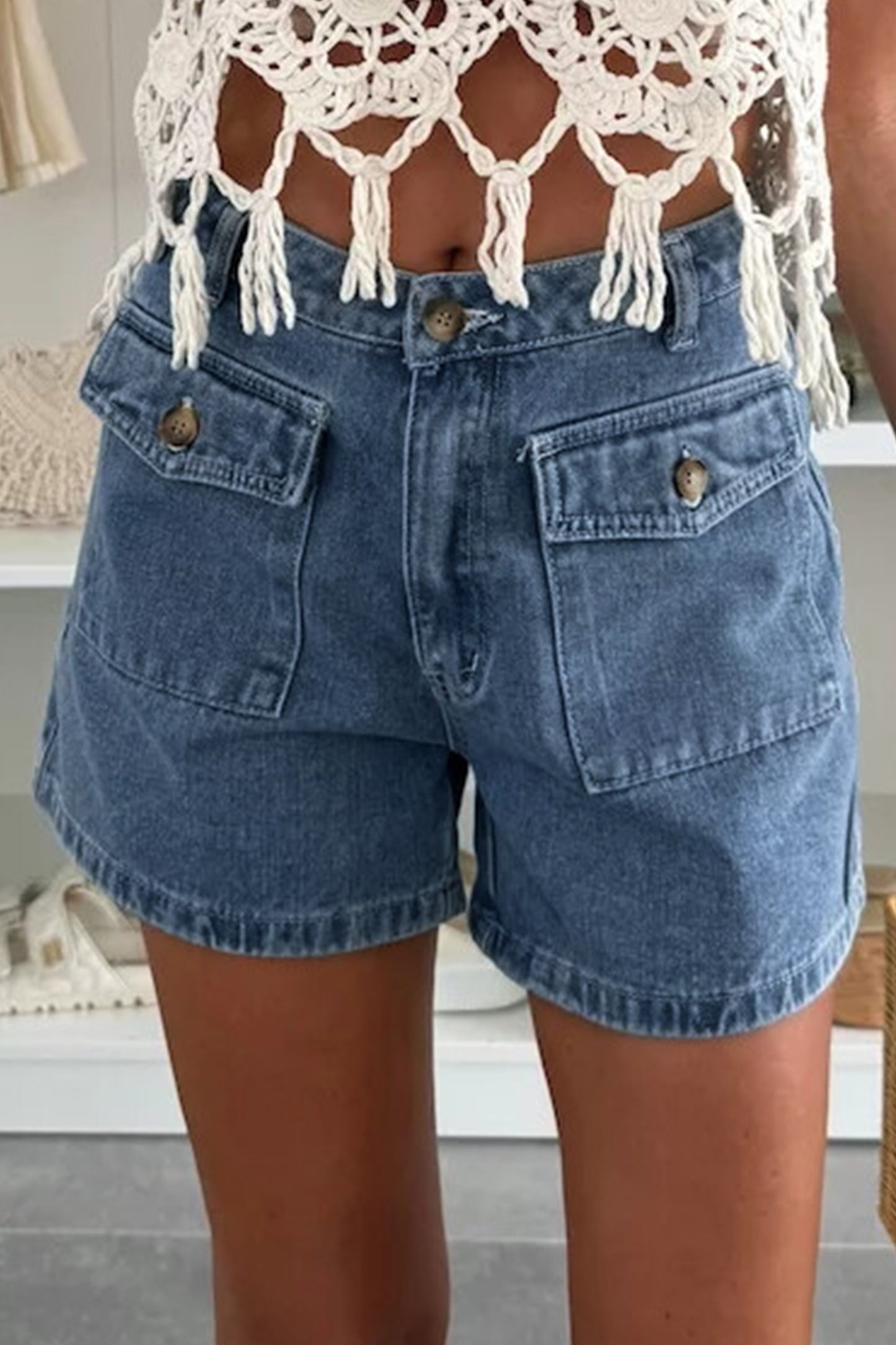 High Waist Flap Pocket Denim Shorts