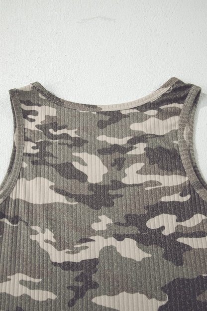 Green Camo Ribbed Knit Scoop Neck Tank Top