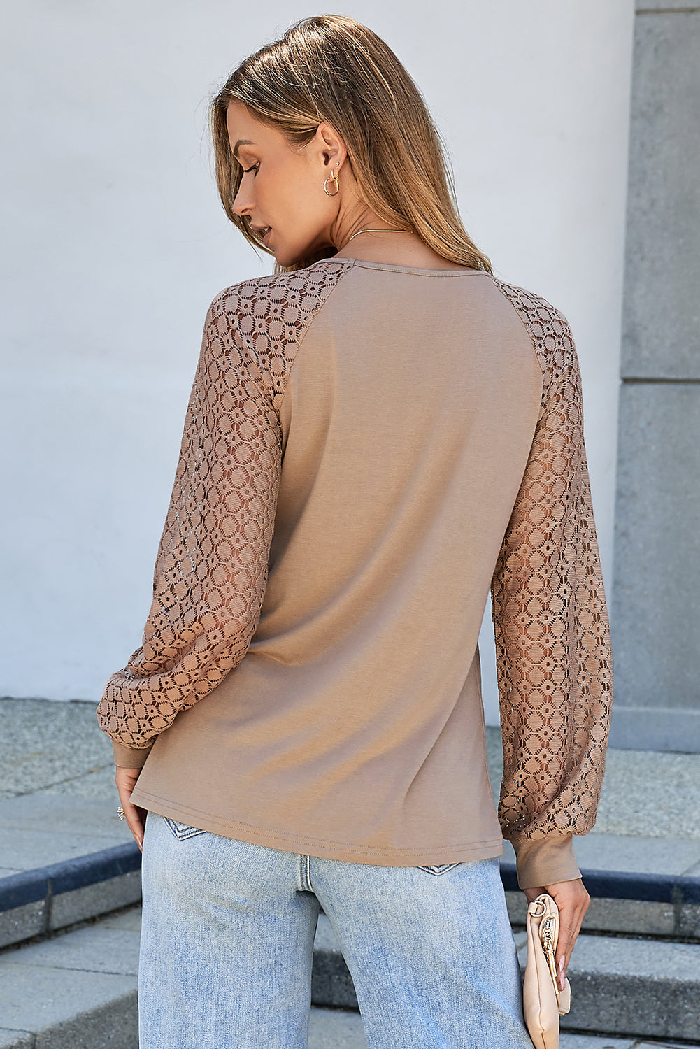 Parchment Lace Patchwork Long Sleeve Pleated Blouse