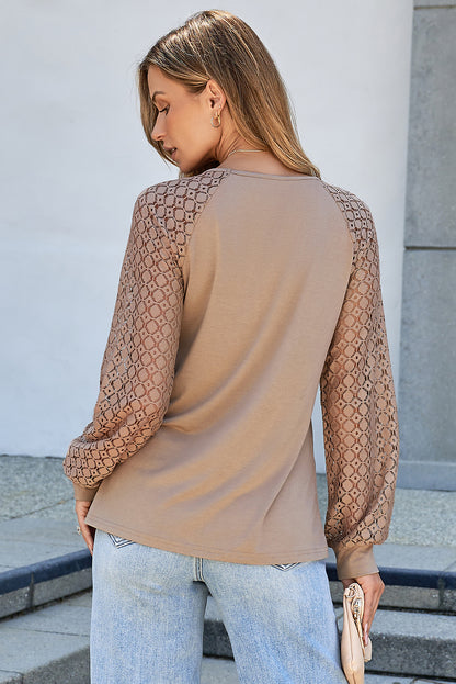 Parchment Lace Patchwork Long Sleeve Pleated Blouse