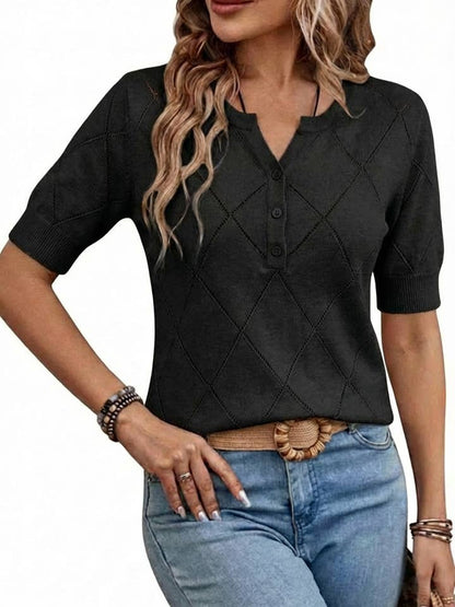 Argyle Diamond Knit Henley Short Sleeve Sweater Top