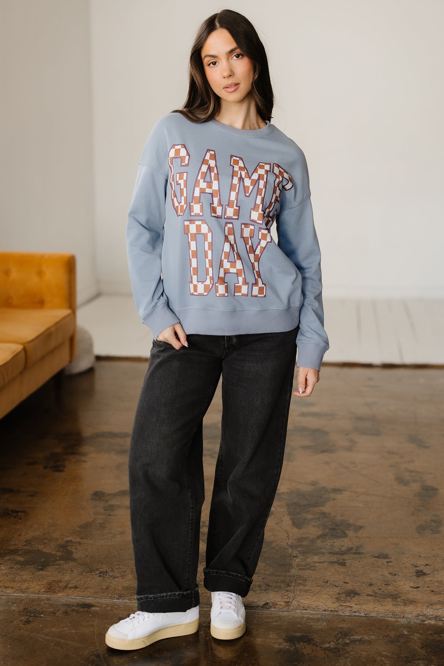 Game Day Checkered Graphic Oversized Crewneck Sweatshirt