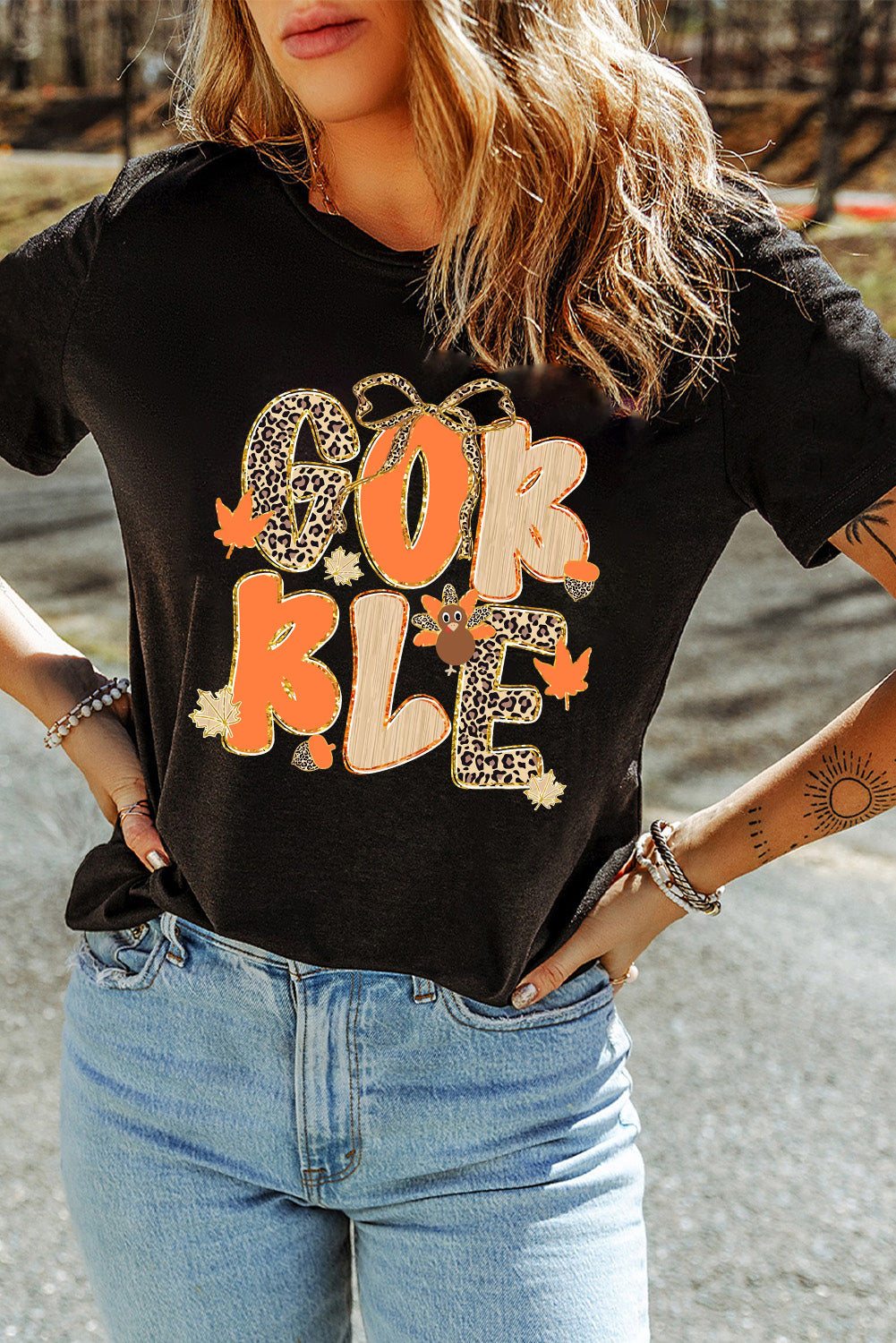 Black Gobble Leopard Letter Turkey Bow Thanksgiving Tee