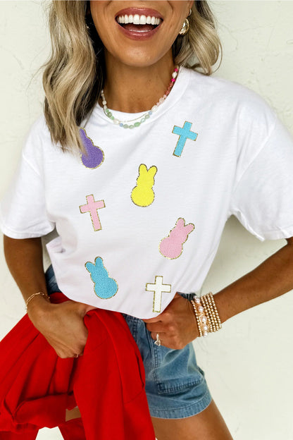Easter Chenille Bunny Cross Patch White Casual Tee