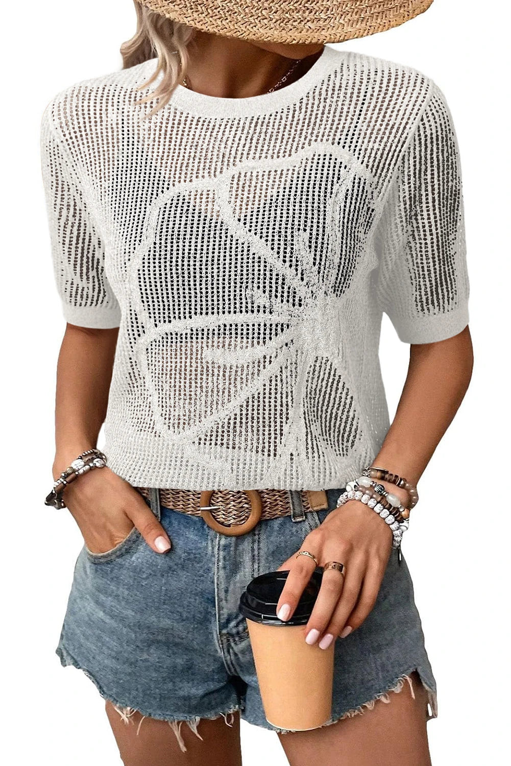 White Hollow Out Knit Floral Beach Cover Up Top