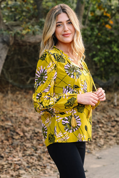 Yellow Vintage Floral V Neck Ruffle Long Sleeve Blouse