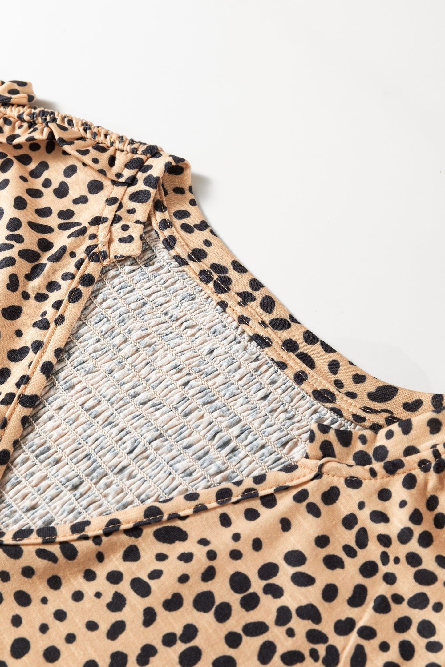 Apricot Cheetah Print Ruffle V Neck Short Sleeve Blouse