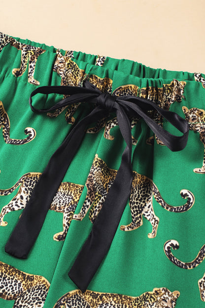 Green Cheetah Print Short Sleeve Shirt and Pants Pajama Set