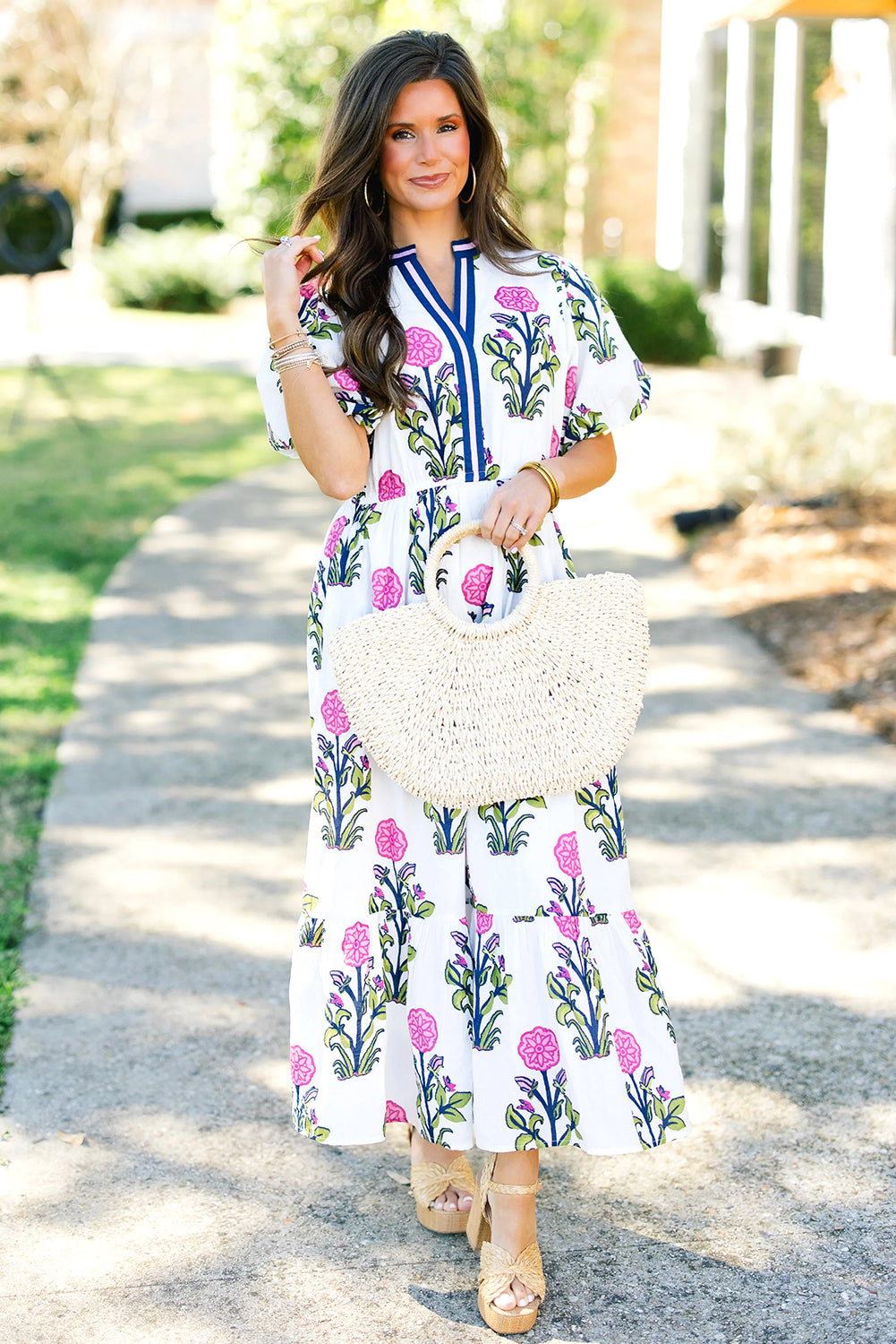 White Floral Contrast Trim V Neck Maxi Dress