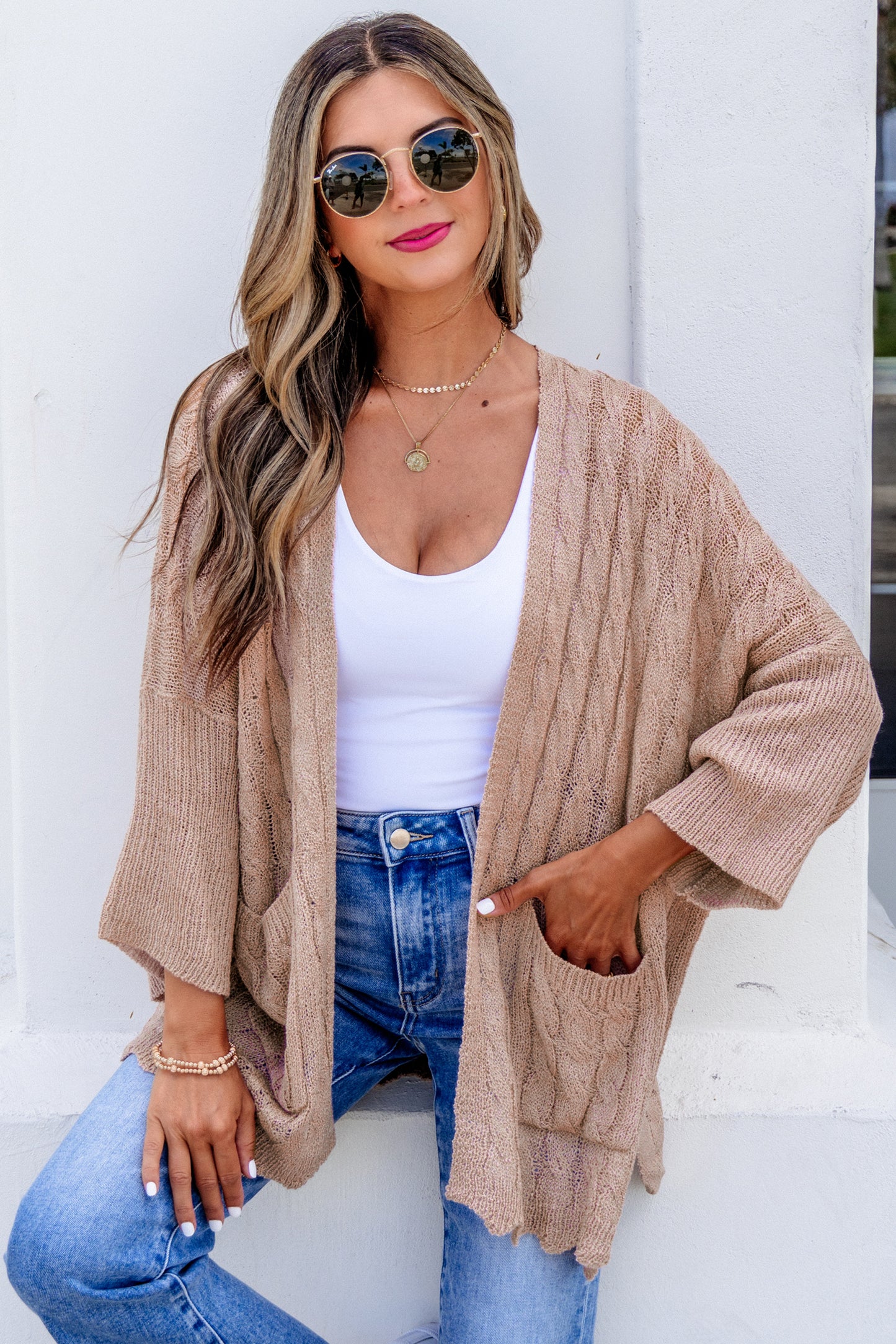Old Rose Hollow Knit Drop Shoulder Cardigan Sweater